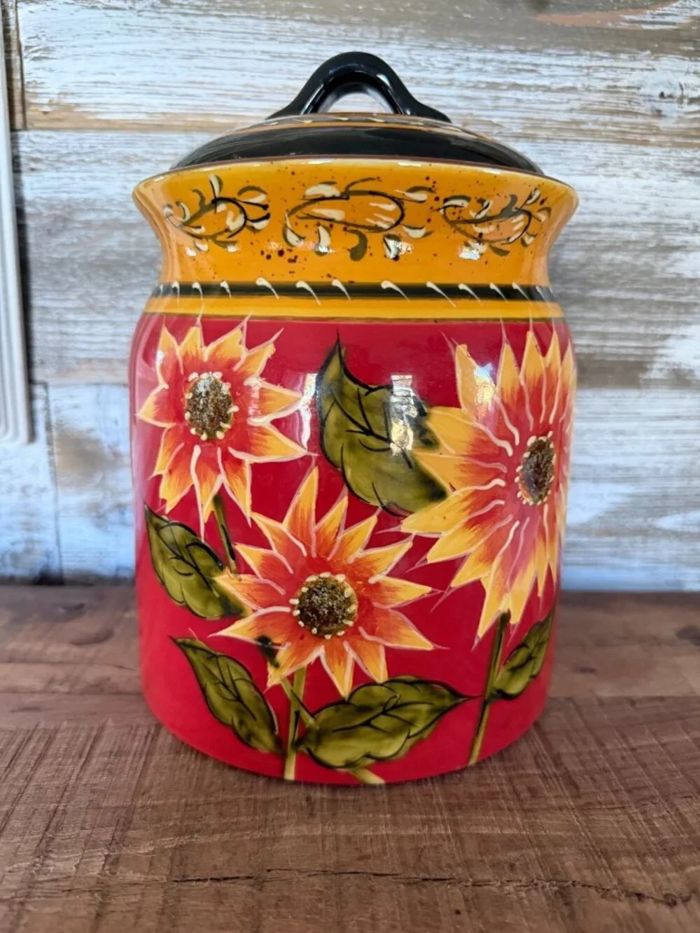 Pier 1 Imports  SUNFLOWER Terracotta Hand Painted Lidded Cookie Jar Canister